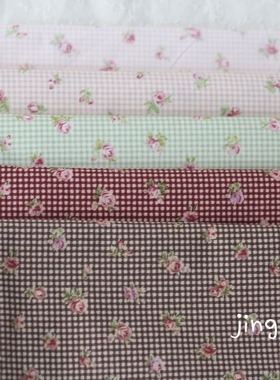 日本进口yuwa纯棉印花布料 格子小玫瑰拼布娃衣面料