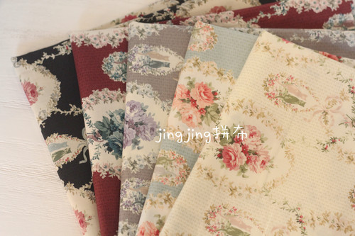 日本进口yuwa纯棉印花布料 玫瑰花环猫咪拼布娃衣手工面料