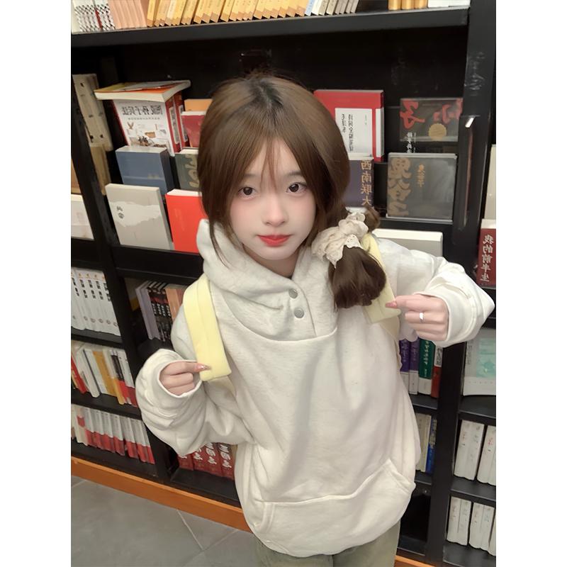 白灰色双纽扣加绒卫衣女连帽秋冬季oversize宽松套头韩系chic上衣