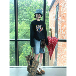 T恤宽松显瘦纯棉高级感 上衣女2025新款 原创黑色巨好看 KT猫长袖