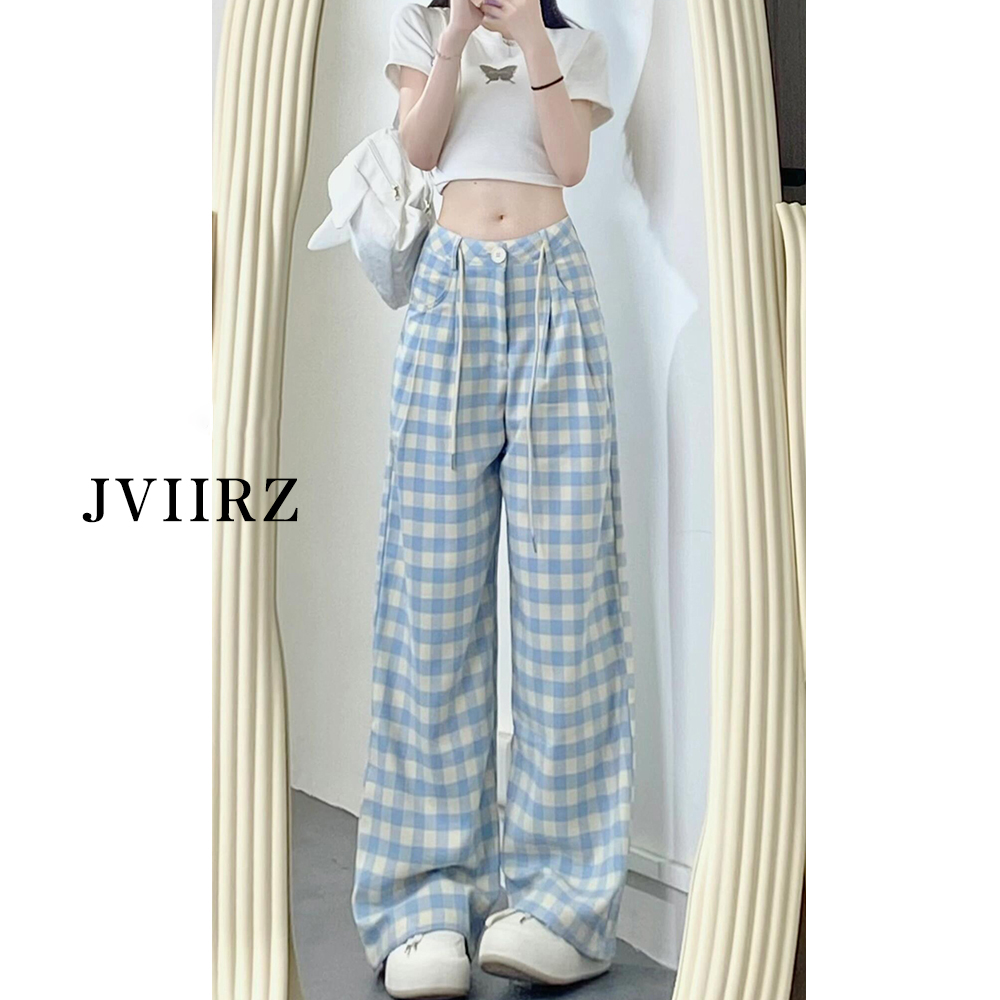 韩系自制蓝色格子高腰直筒遛弯裤