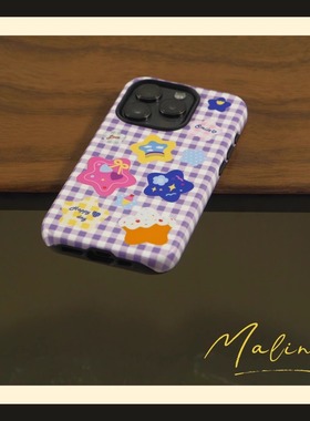 紫色格子星星插画适用苹果16promax手机壳菲林壳二合一iPhone15新款手机壳14promax磨砂13防摔12日韩11保护套