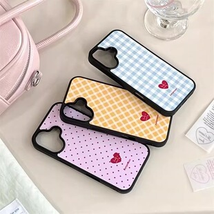 韩系多巴胺波点格纹爱心亚克力黑边适用苹果iPhone16手机壳13pro小米1415Pro华为mate60p70三星S23防摔保护套