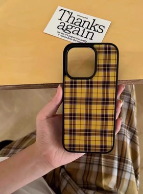 ins黄色条纹格子高级感适用苹果16promax手机壳iPhone15pro玻璃壳14亚克力13简约12黑色软边创意个性小众时尚