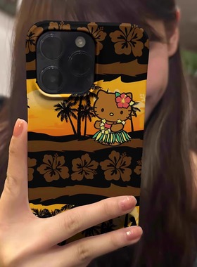 橘黄色椰子林kitty凯蒂猫苹果手机壳菲林壳适用iPhone16promax/15pro/13/14plus手机壳苹果12mini硬XS保护套