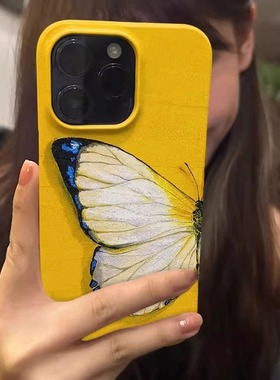 油画治愈系黄色蝴蝶适用苹果手机壳菲林壳适用iPhone16promax/15pro/13/14plus手机壳苹果12mini硬XS/8保护套