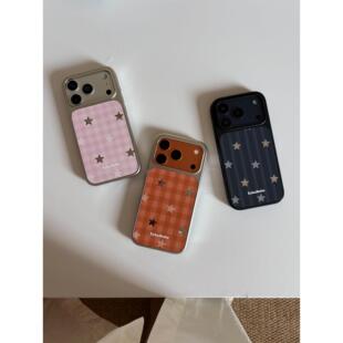2026新款闪光星星手机壳格子苹果iphone17promax手机壳16plus原创17air镜子情侣橙色条纹中性高级感