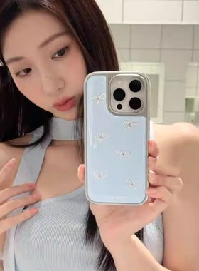 ins风蓝色蝴蝶结韩系新款银边滴胶手机壳适用苹果iPhone17promax高级感保护套小众16plus15pro14防摔简约气质