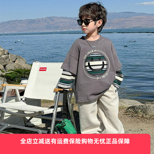 男童长袖T恤秋装2026新款儿童痞帅假两件上衣男孩洋气纯棉体恤潮