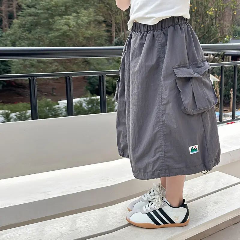 悦悦家女童春秋装衣服儿童韩版贴标口袋工装裙休闲中长款半身裙