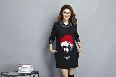 佐雅淇印染刺绣熊拼接牛仔翻领中长款长袖T恤女春装新品下装失踪t