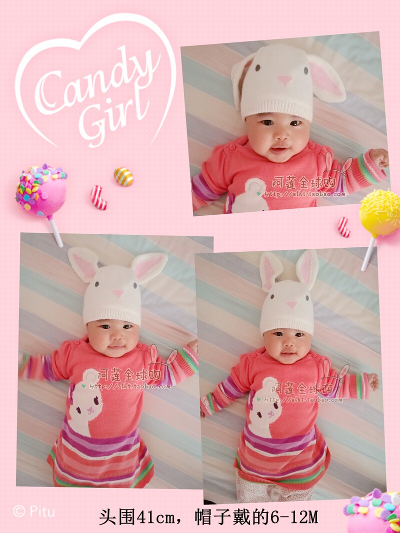 0-24M现货金宝贝春秋冬女童美国小猫咪海淘正品抓绒针织帽子