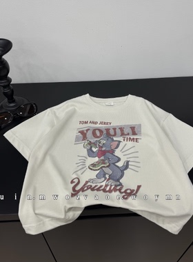 儿童卡通短袖2026夏季新款圆领宽松男女童复古小众印花insT恤上衣