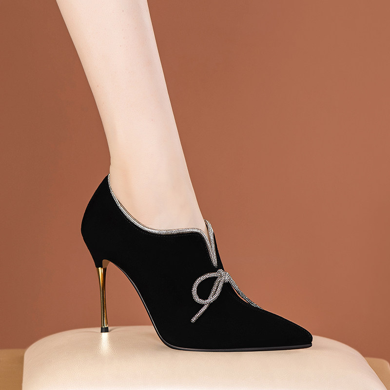 水钻蝴蝶结高跟鞋女黑色百搭春秋季新款晚会踝靴尖头细跟单鞋深口,女鞋,深口单鞋,淘宝优惠券,粉丝福利购,淘宝优惠卷