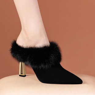 真皮貂毛拖鞋女粗跟秋冬季新款尖头穆勒鞋外穿包头半拖高跟鞋毛毛