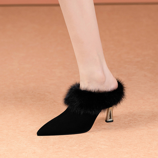 6厘米粗跟毛毛拖鞋女高跟新款穆勒鞋外穿秋冬真皮加绒半拖鞋包头