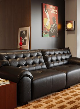 曲美家居中古风极简复古头层牛皮客厅欧式直排黑色大黑熊真皮沙发