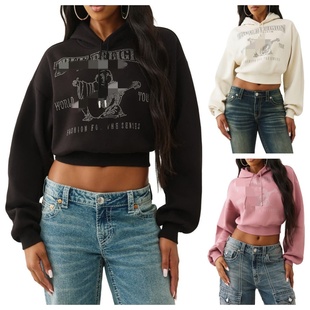 纯原大肚佛烫钻辣妹女款抓绒宽松休闲短款长袖连帽卫衣绒衫