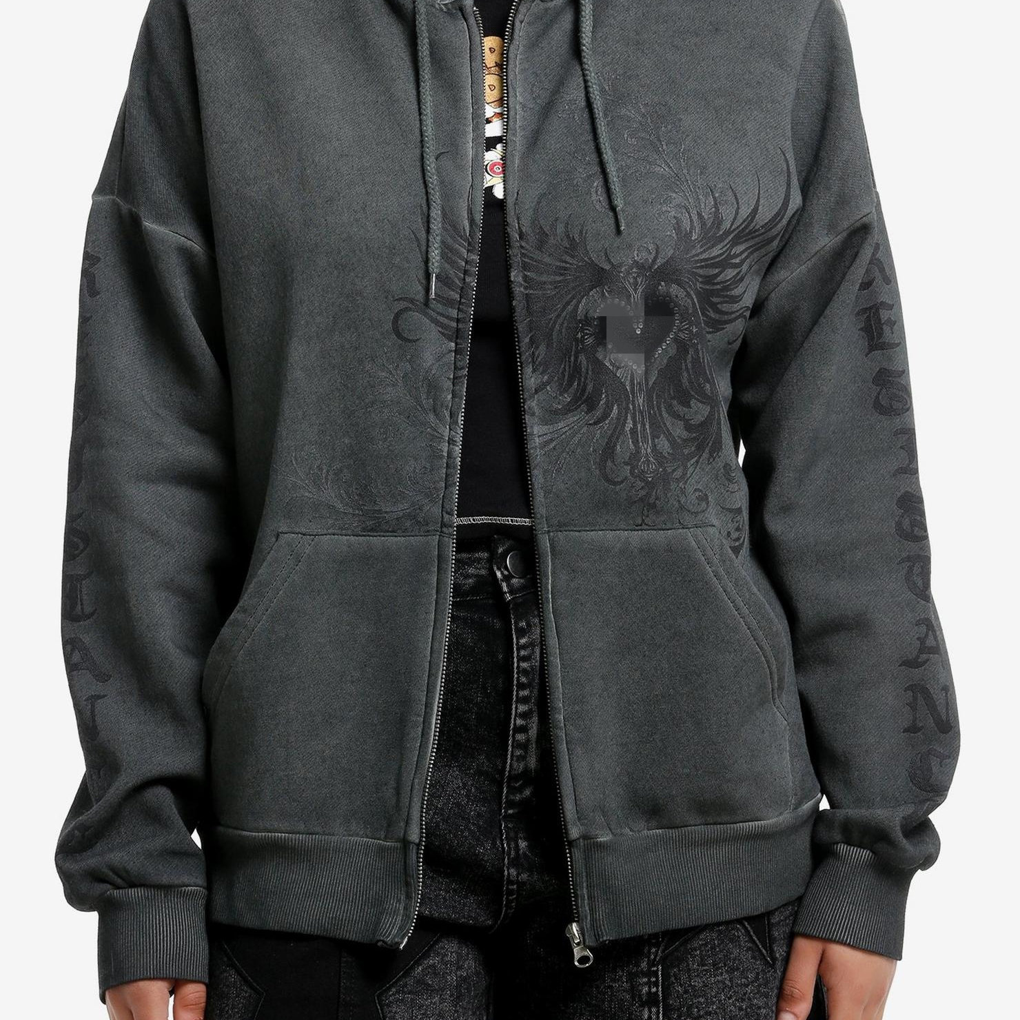 Y2k纯原水洗做旧个性印花翅膀女款拉链抓绒卫衣外套