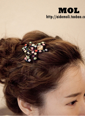 韩国进口 AZNAVOUR AZ 满钻黑色彩钻可爱小熊发夹边夹扣夹