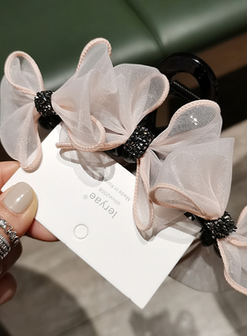 leryae韩国进口发饰施家S砂糖碎钻欧根纱蝴蝶结13cm发抓鲨鱼夹