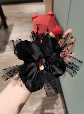 leryae韩国进口发饰网纱植绒波点小蝴蝶结黑色缎面感肠圈发圈发绳