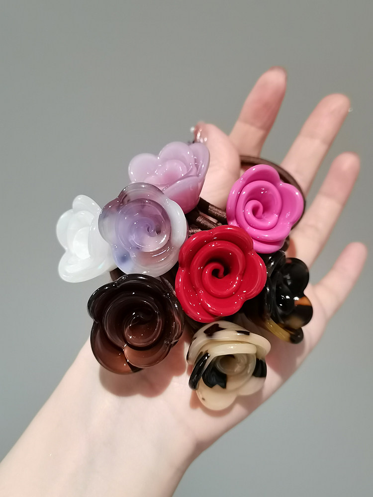 aidemoli韩国进口发饰日韩玫粉紫立体玫瑰花朵蔷薇花发圈皮筋发绳