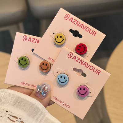韩国进口GRAIN de BEAUTE/AZNAVOUR/AZ饰品撞色AB版笑脸耳钉耳饰