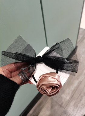 leryae韩国进口发饰芭蕾女孩黑色网纱蝴蝶结蔷薇花苞发圈发绳皮筋