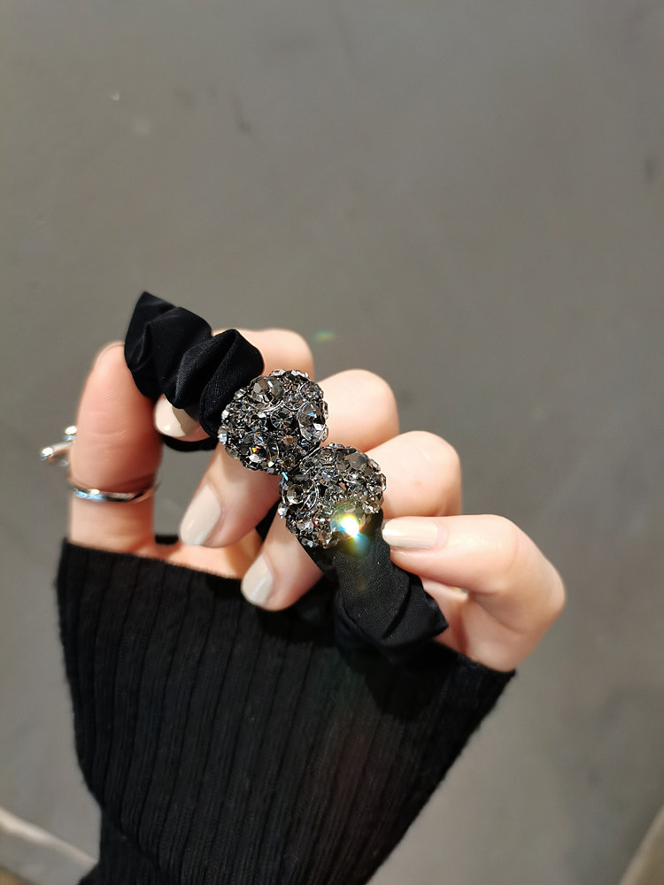 leryae韩国进口发饰灰色水钻圆润八字蝴蝶结黑色细肠圈发圈发绳