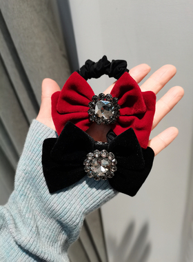 leryae韩国进口发饰灰色水钻英朗是丝绒蝴蝶结肠圈发圈