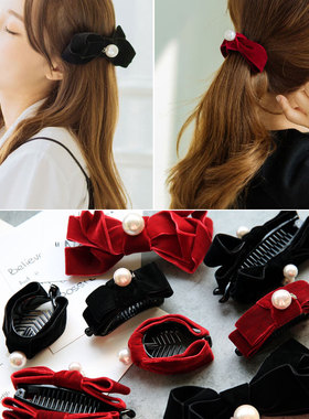 韩国进口发饰Renac/RC圣诞节黑色酒红丝绒蝴蝶结马尾扣发夹香蕉夹