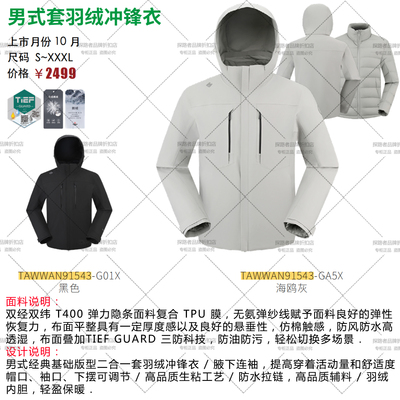 探路者25冲锋衣男秋冬羽绒保暖三合一防风防水冲锋衣 TAWWAN91543