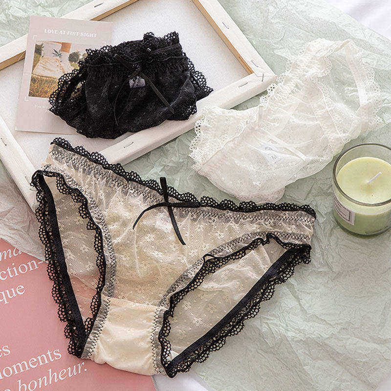 日系内裤少女性感蕾丝花边透明网纱蝴蝶结中低腰女士三角裤新款