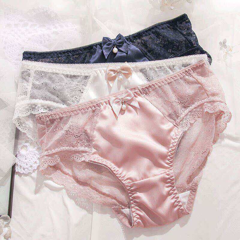 高弹日系性感蝴蝶结内裤女士色丁缎面蕾丝花边透气棉裤中腰三角裤