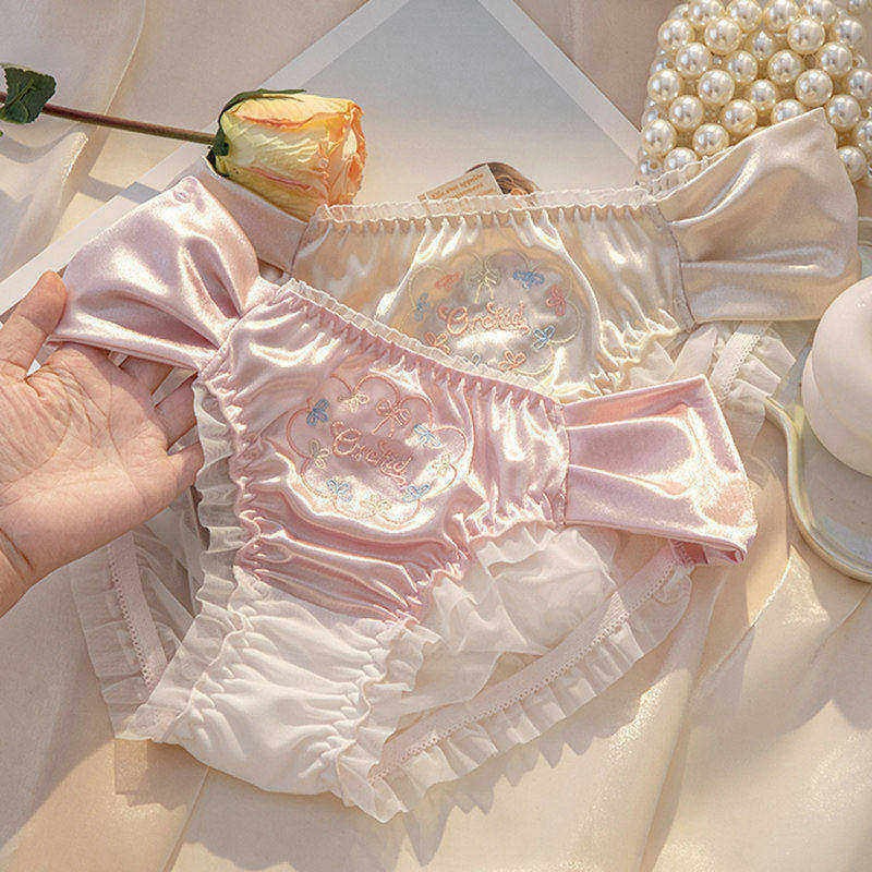 法式公主花环缎面内裤少女甜美蕾丝纯欲风性感网纱珠光刺绣三角裤