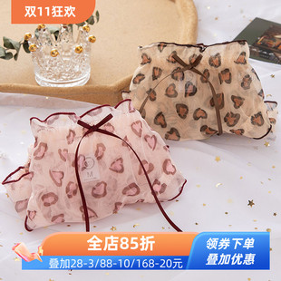 日系豹纹内裤 少女性感蕾丝可爱荷叶边网纱透明中低腰底裆棉三角裤