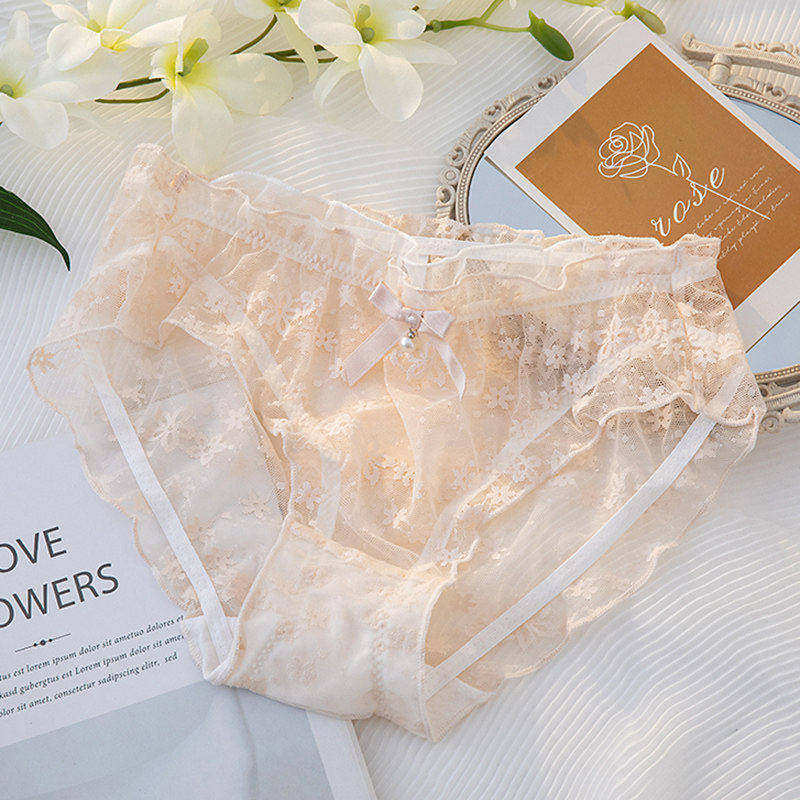 内裤女蕾丝性感纯欲风镂空透明日系少女甜美蝴蝶结花边女士三角裤