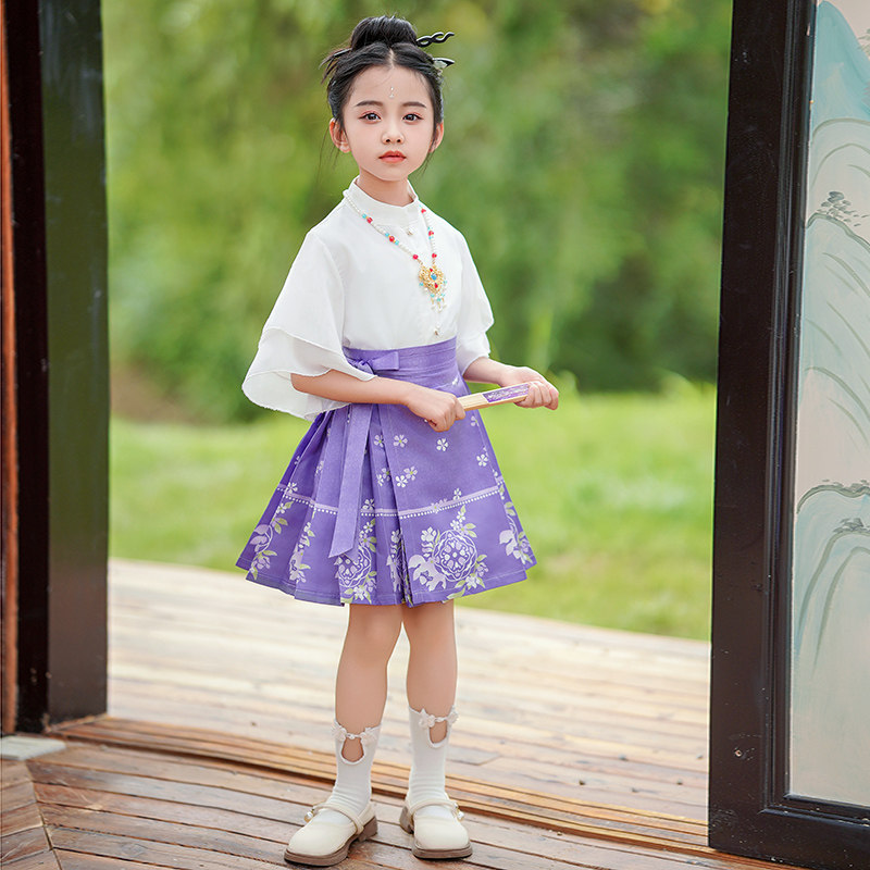 马面裙女童夏季2024新款套装中式儿童汉服紫色半身裙中国风古装