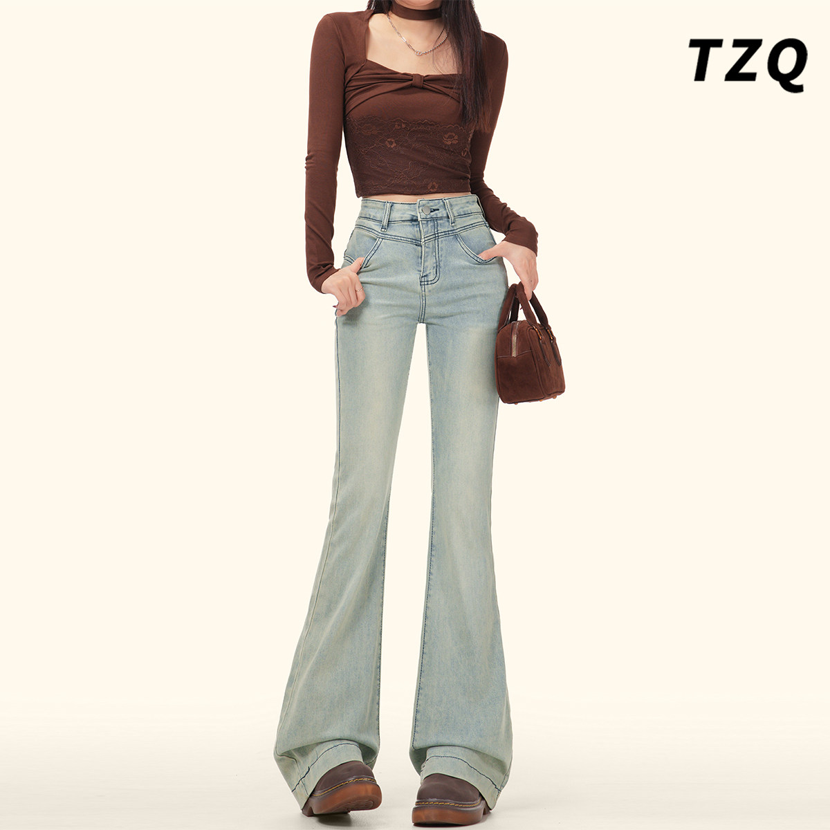 浅蓝色微喇牛仔裤女秋季爆款高腰设计感百搭修身显瘦马蹄喇叭裤子,女装/女士精品,牛仔裤,淘宝优惠券,粉丝福利购,淘宝优惠卷