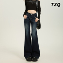辣妹显瘦不贴腿拖地喇叭裤 美式 新款 女2025秋季 子 深蓝色微喇牛仔裤