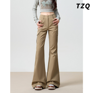 卡其色美式微喇工装裤女装秋季高腰显瘦时尚百搭垂感拖地休闲裤子