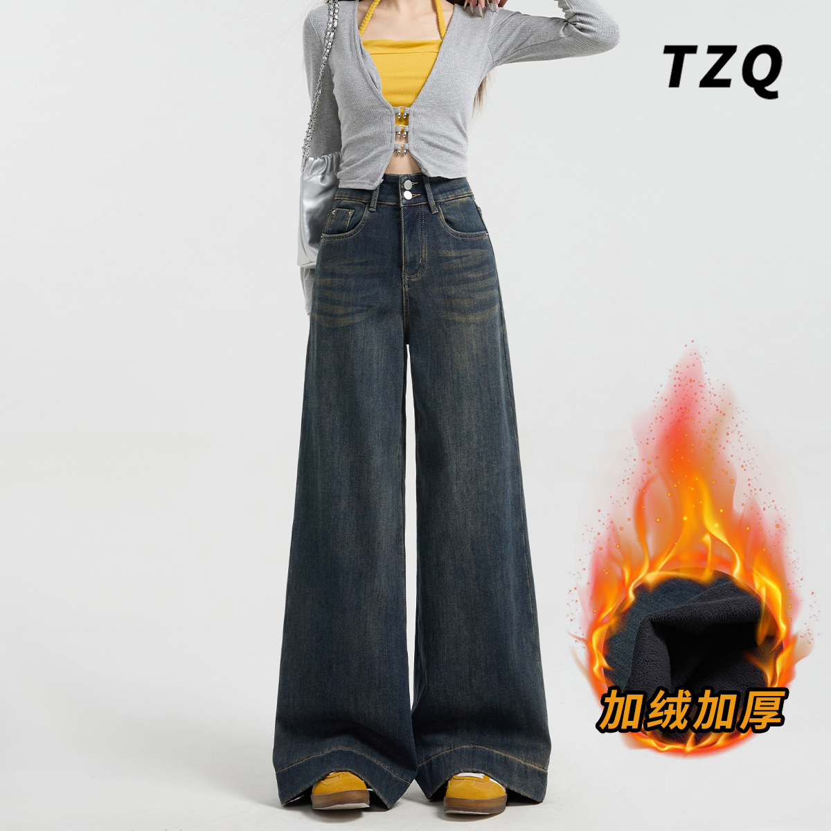 美式复古加绒阔腿牛仔裤女秋季款