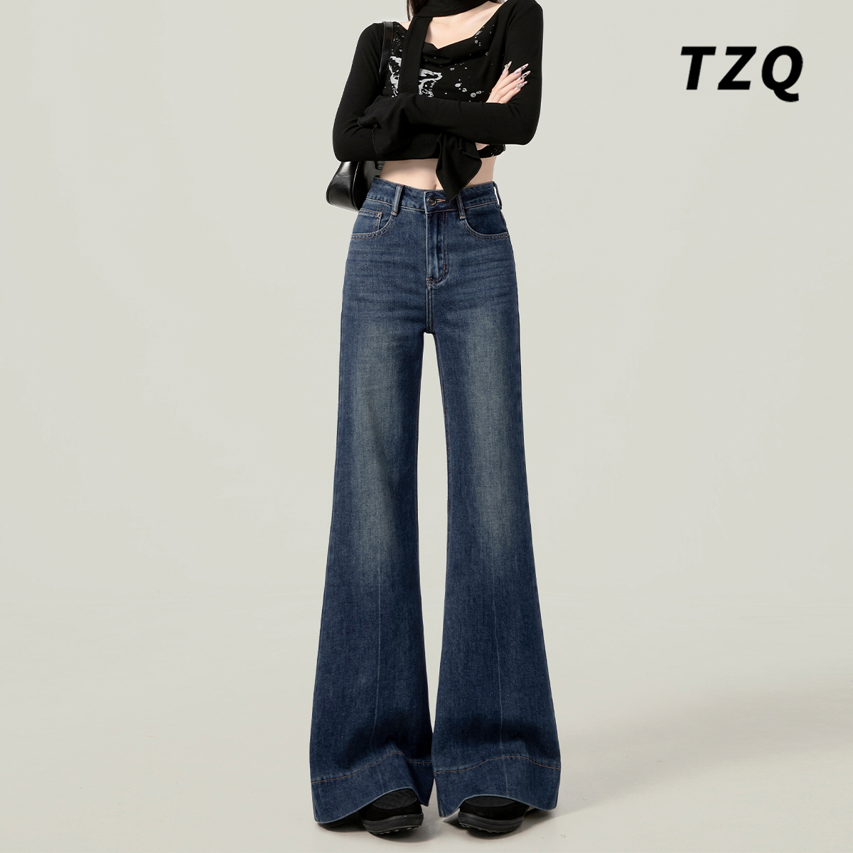 新款拼接百搭高腰显瘦宽松喇叭裤