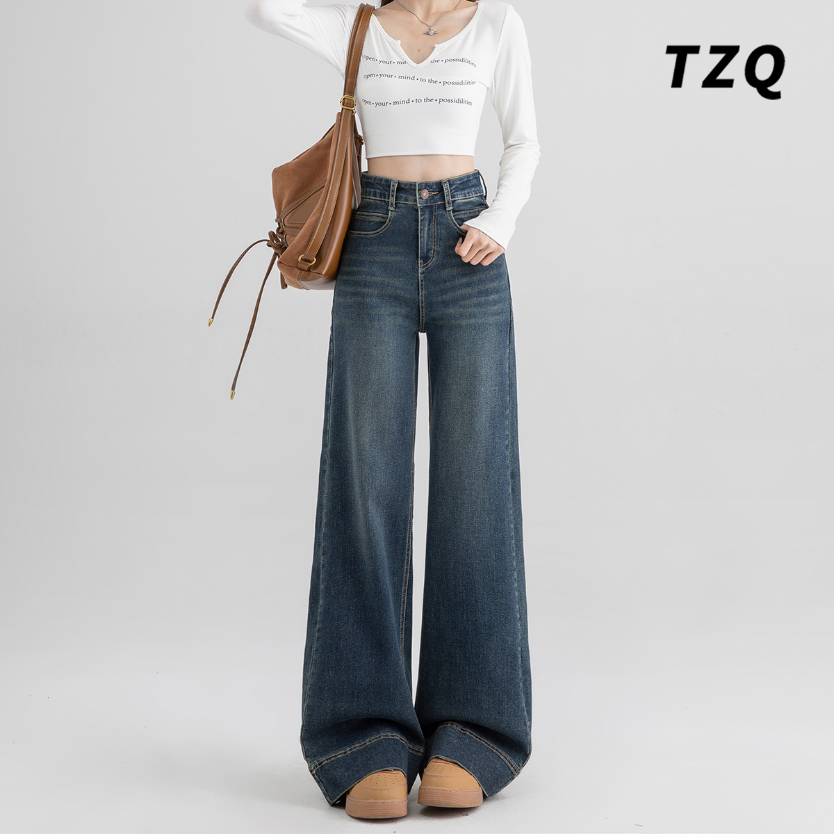 韩系高腰阔腿牛仔裤女2025年春季新款弹力慵懒风显瘦拖地直筒裤