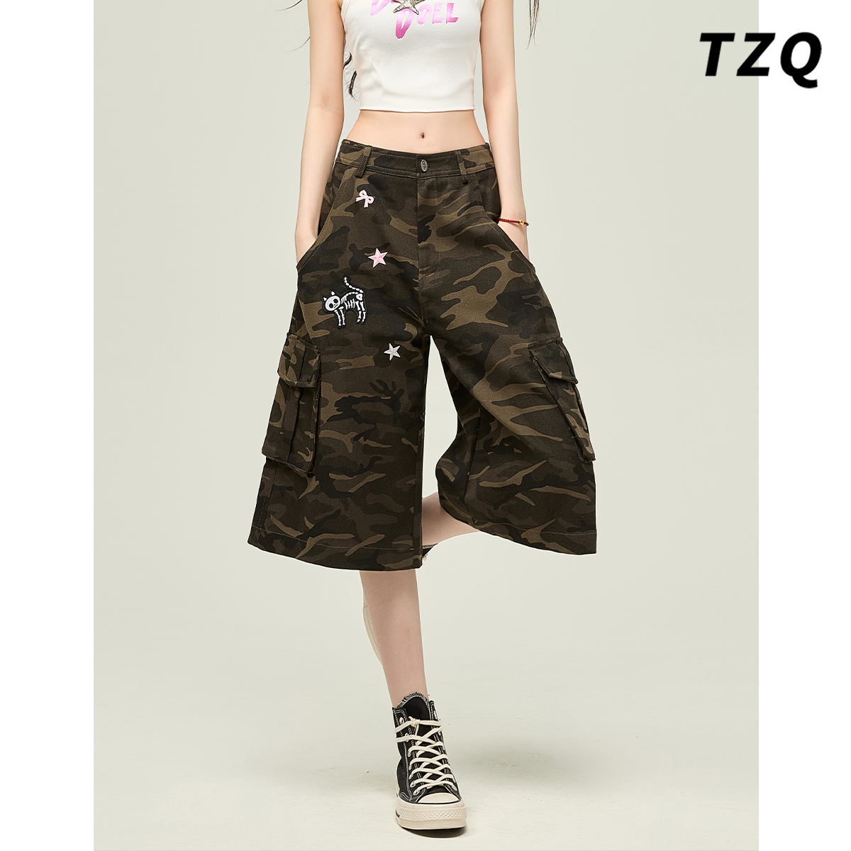 美式高街迷彩牛仔裤女2025年新款