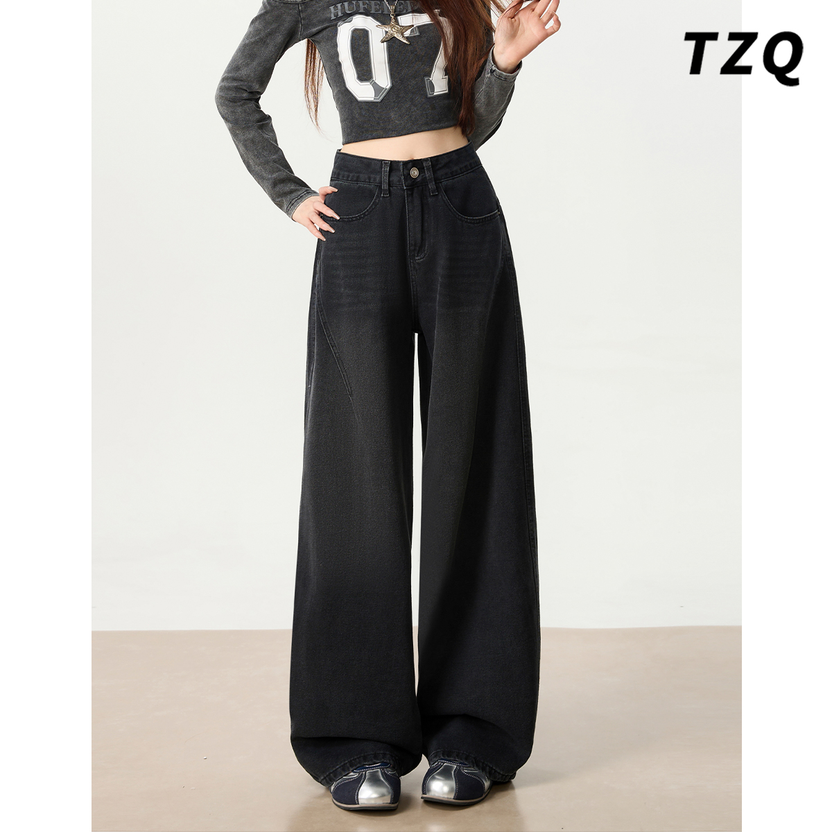 复古高腰垂感宽松直筒垂感弯刀裤