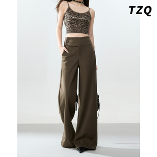 咖绿色美式垂感休闲裤女款爆款2026春季新款高腰显瘦拖地阔腿裤子