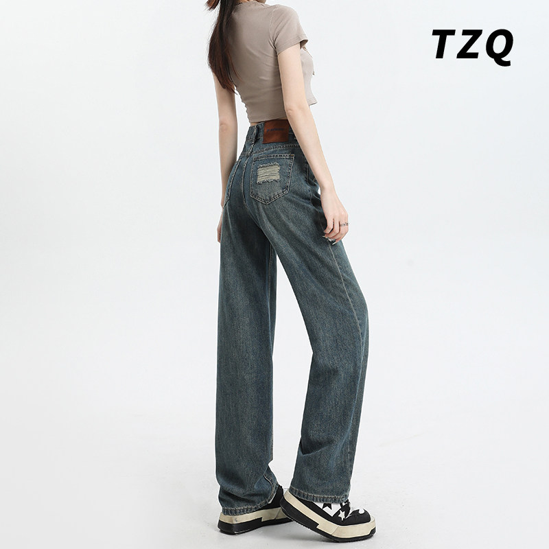 复古蓝窄版阔腿牛仔裤女2025春秋