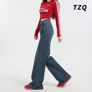 美式复古加绒阔腿牛仔裤女2025秋季高腰时尚显瘦宽松直筒裤子冬季